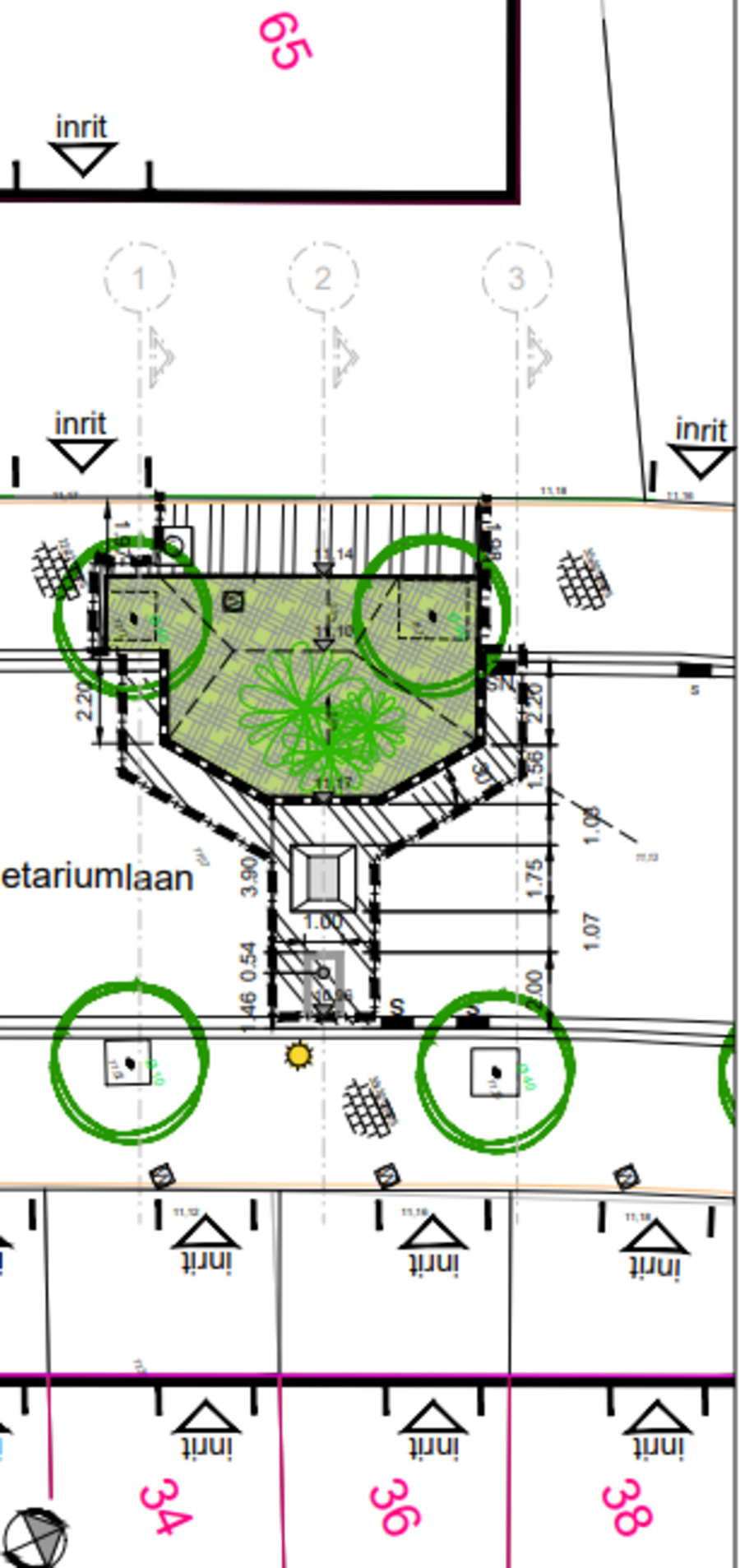 Plan van de Planetariumlaan: locatie verkeersremmer voor huisnummer 65 en tussen 34/36.